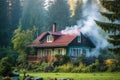 cozy forest cottage with smoke curling from its chimney