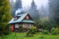 cozy forest cottage with smoke curling from its chimney