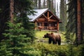 cozy forest lodge with a bear ambling in the distance