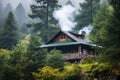 a cozy forest lodge with smoke rising from a stone chimney