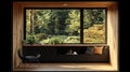 Cozy forest view window seat, modern interior design, sunlight, relaxation Royalty Free Stock Photo