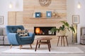 Cozy furnished apartment with niche in wooden wall Royalty Free Stock Photo