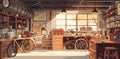A cozy garage filled with bicycles, tools, and warm sunlight streaming through the windows Royalty Free Stock Photo