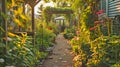 cozy garden with flowers and a gravel pathway, summer retreat house Royalty Free Stock Photo