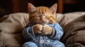 Cozy ginger kitten in pajamas relaxing on a soft cushion Royalty Free Stock Photo