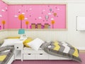 Cozy girl`s bedroom in pink with beds and cute decoration on the wall. 3d rendering Royalty Free Stock Photo