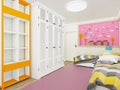 Cozy girl`s bedroom in pink with wardrobe and cute decoration on the wall. 3d rendering Royalty Free Stock Photo