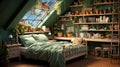 Cozy girls\' room: sage green walls, book-filled shelves. Created with Generative AI Royalty Free Stock Photo