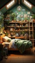 Cozy girls\' room: sage green walls, book-filled shelves. Created with Generative AI Royalty Free Stock Photo