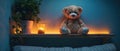 Cozy Glow: Teddy Bear and Nightlight on Modern Shelf. Concept Cozy Home Decor, Teddy Bear,