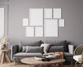 Cozy gray living room in Scandinavian boho design