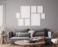 Cozy gray living room in Scandinavian boho design Royalty Free Stock Photo