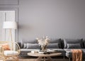 Cozy gray living room in Scandinavian boho design Royalty Free Stock Photo