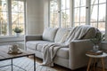 Cozy gray sofa with blanket in light living room Royalty Free Stock Photo
