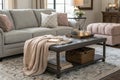 Cozy gray sofa and coffee table in living room Royalty Free Stock Photo