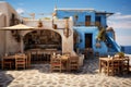 Cozy Greek tavern near sea. Generate Ai Royalty Free Stock Photo