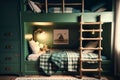 Cozy green bunk beds with little boys room, 3d rendering, 3d illustration, generative Ai