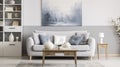 A Cozy Grey Settee in an Apartment Setting, Flanked by an Elegant Painting and Ambient Lamp Royalty Free Stock Photo