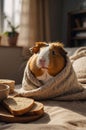 Cozy Guinea Pig Wrapped in a Blanket Enjoying a Slice of Bread in a Sunny Spot Royalty Free Stock Photo