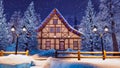 Cozy half-timbered house at snowfall winter night Royalty Free Stock Photo