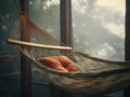 Cozy hammock with orange cushion, on a veranda in a misty forest. Quiet place to relax, meditate, or have a nap. Generative AI