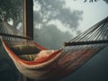 Cozy hammock on a veranda, in a misty forest. Comfortable place to relax, take a break, meditate, have a nap. Generative AI Royalty Free Stock Photo