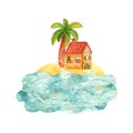 Cozy hand drawn cartoon watercolor house by the sea surrounded by palm tree. Beautiful brick mediterranean building on