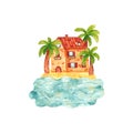 Cozy hand drawn cartoon watercolor house by the sea surrounded by palm trees. Beautiful brick mediterranean building on