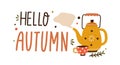 Cozy hand drawn composition hello autumn lettering vector flat illustration. Cute fall creative design decorated with