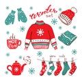 Cozy hand-drawn winter set on an isolated background. Vector. Clothes, hot drinks.