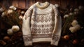 a cozy, hand-knitted Scandinavian-style sweater placed against a vintage woven fabric background, the intricate patterns