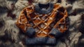 a cozy, hand-knitted Scandinavian-style sweater placed against a vintage woven fabric background, the intricate patterns