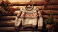 a cozy, hand-knitted Scandinavian-style sweater placed against a vintage woven fabric background, the intricate patterns
