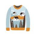 Cozy handmade Christmas sweater vector flat illustration. Colorful festive jumper with winter village image isolated on