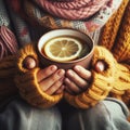 Cozy hands wrapped around a cup of tea with lemon on a cold day Royalty Free Stock Photo