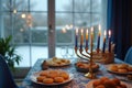 Cozy hanukkah table setting with menorah and festive treats by the window. AI generation Royalty Free Stock Photo