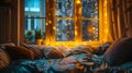 A cozy haven on a rainy night surrounded by fluffy pillows and soothing music that mimics the soothing rhythm of rain