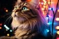 Cozy Holiday Companion: Big Fluffy Cat Amidst Christmas Lights and Bokeh. Generative ai