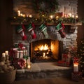 Cozy Holiday Fireplace with Vibrant Decor Royalty Free Stock Photo