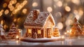 Cozy Holiday Gingerbread House with Christmas Decor and Neon Lights. Festive Living Room Ambience