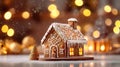 Cozy Holiday Gingerbread House with Christmas Decor and Neon Lights. Festive Living Room Ambience