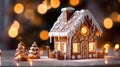 Cozy Holiday Gingerbread House with Christmas Decor and Neon Lights. Festive Living Room Ambience Royalty Free Stock Photo