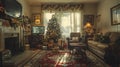 Cozy holiday home interior warm tones, detailed decor, candid laughter, film grain aesthetic