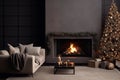 Cozy holiday interior with Christmas tree and fireplace, evoking warmth and tradition, AI Generated