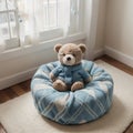 Cozy holidays at home. Cute little lying under blue knitted blanket with teddy bear on floor at window reading book. Winter season