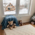 Cozy holidays at home. Cute little lying under blue knitted blanket with teddy bear on floor at window reading book. Winter season