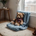 Cozy holidays at home. Cute little lying under blue knitted blanket with teddy bear on floor at window reading book. Winter season