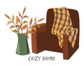 Cozy home. Armchair with plaid and branches in vase hand drawn flat vector illustration on white. Image for design