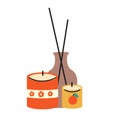 Cozy home aromatic scented candles and aroma diffuser with fragarance sticks vector illustration