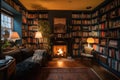 cozy home with blazing fire and bookshelves full of learning materials